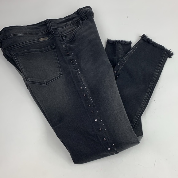 KanCan Faded Black Distressed Side Studs Raw Hem Jeans Sz 11/29 Stretch - Picture 16 of 16